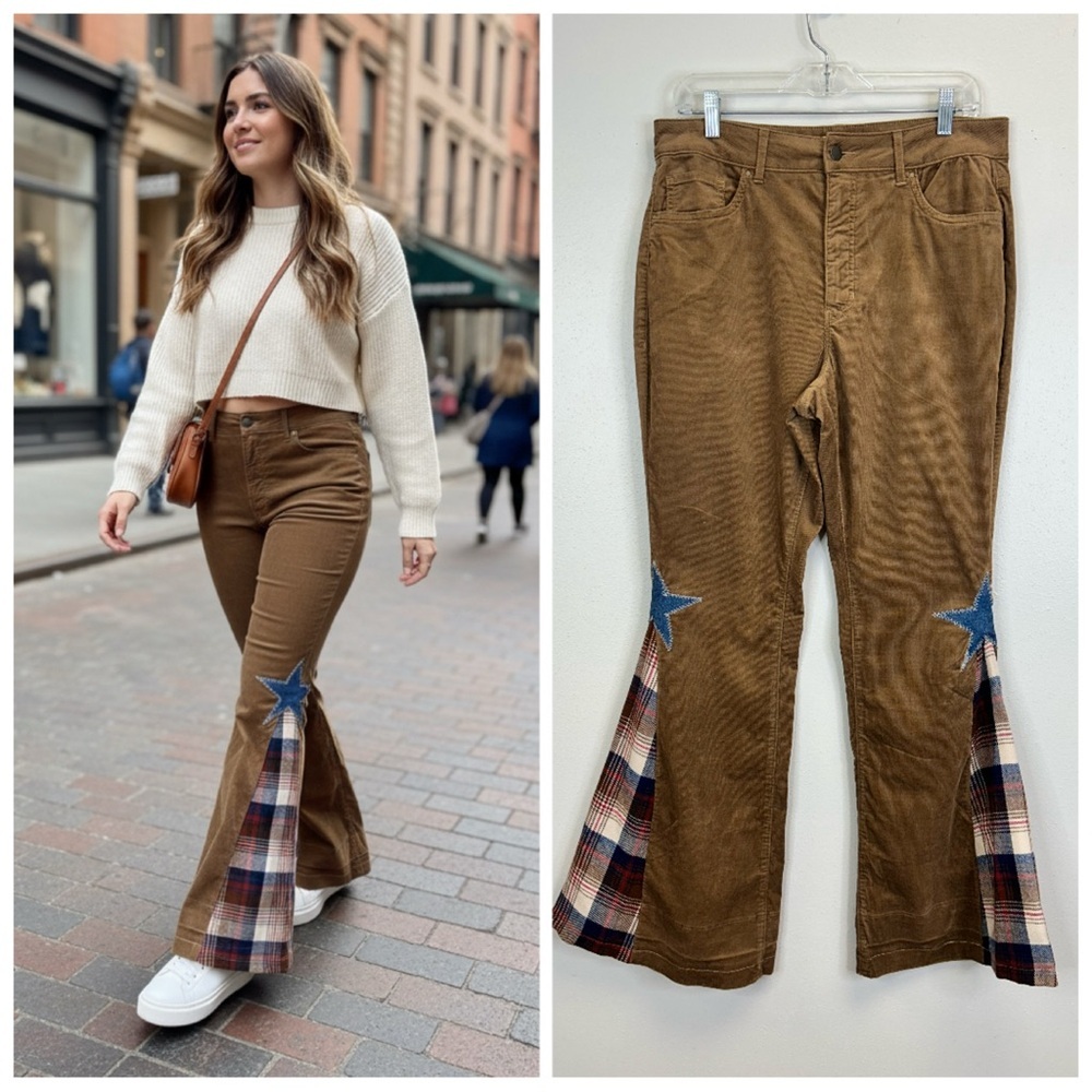 Corduroy Flare Pants Plaid Blue Star Accents Size 12 Boho Hippie Festival‎ Retro